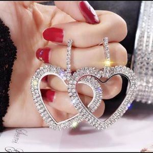 Big Silver Rhinestone Heart Earrings